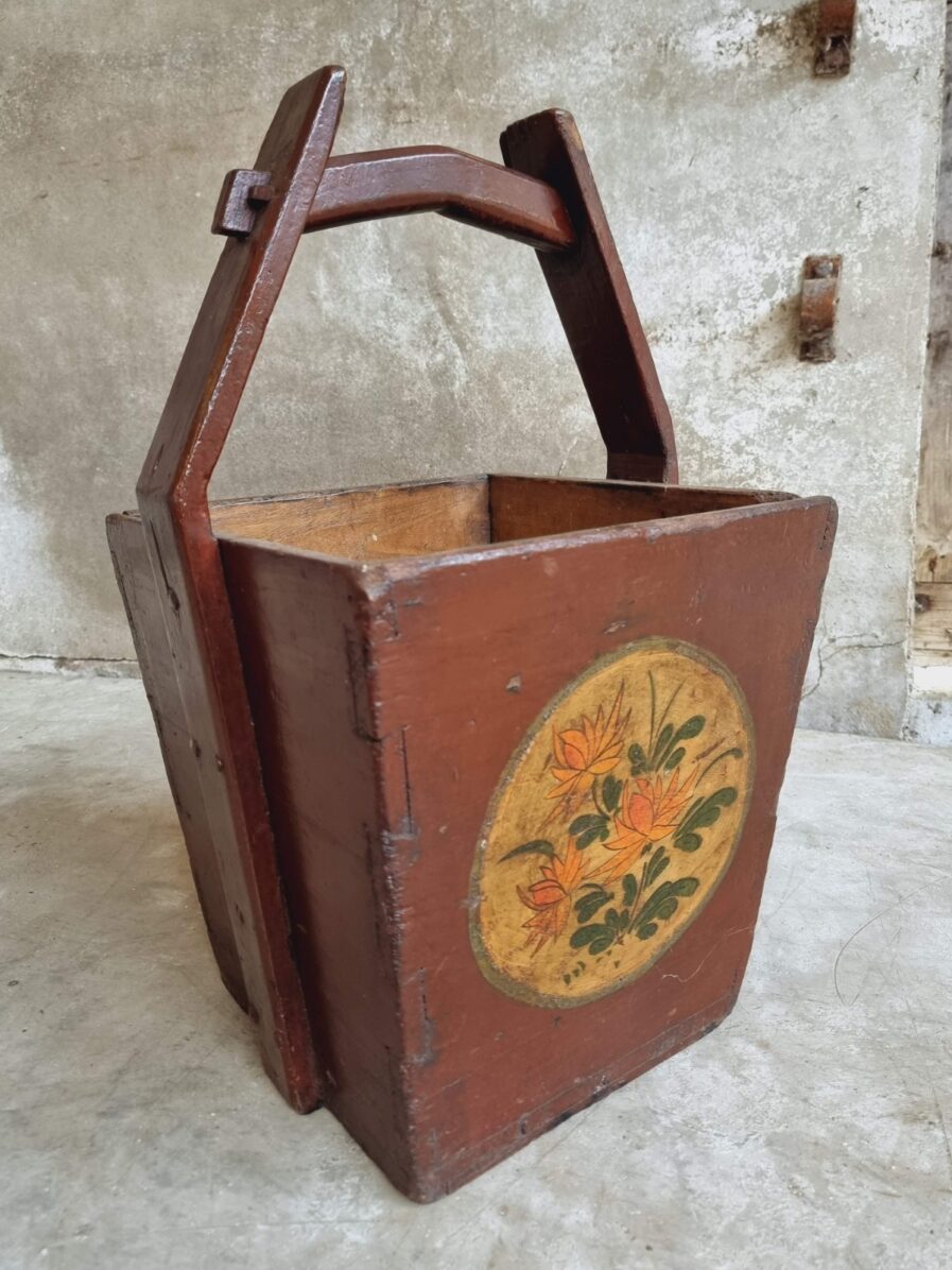 Antique wooden rice bucket Asian rice basket