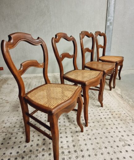 Set of antique chairs, dining chairs, walnut wood with webbing no. 4
